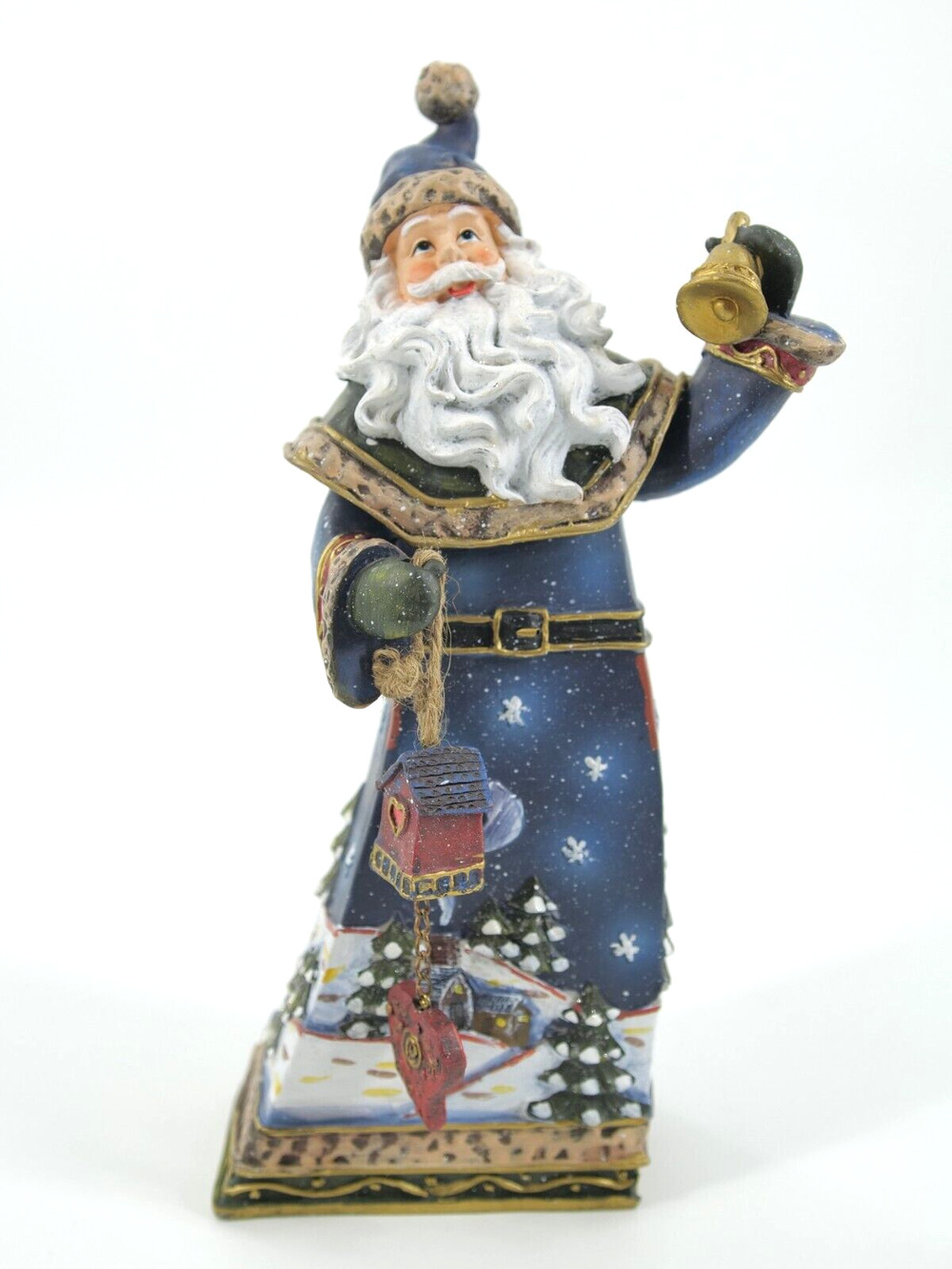 Vintage Christmas wooden Santa Blue robe holding bell and house.